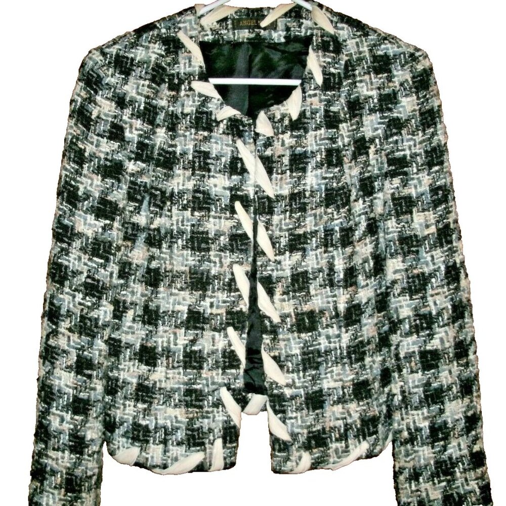 Angel Nina Blazer Tweed Jacket Woven Navy 42 Large Ribbon Padded Shoulders